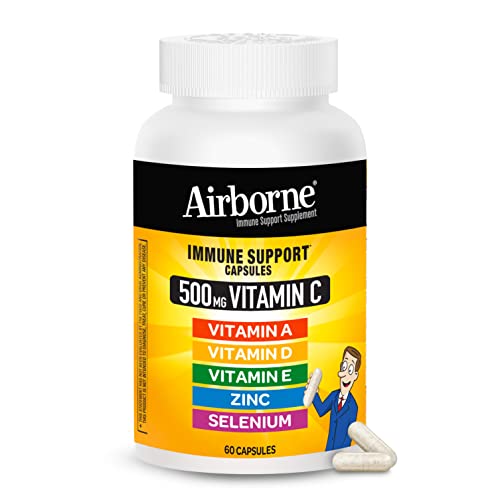 Airborne Vitamin C 500mg Capsules With Zinc and Selenium, Immune Support Supplement For Adults with Powerful Antioxidants Vitamins A C and E + Vitamin D - 60ct Bottle (30 Servings)