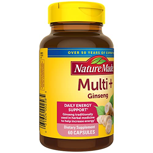 Nature Made Multi + Ginseng, Multivitamin for Women and Men, Daily Energy Multivitamin for Men and Women, One Per Day Men and Womens Vitamins, 60 Capsules