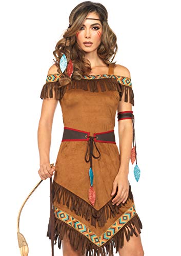 Leg Avenue Womens - 4 Piece Native Princess Dress Set Sexy Fringe Off the Shoulder Dress and Headband Halloween Adult Sized Costumes, Brown, Medium Large US