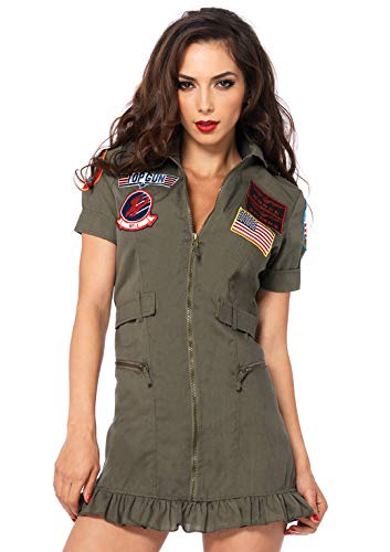 Leg Avenue Top Gun Flight Dress with Interchangeable Name Badges – Sexy Maverick Pilot Halloween Costume for Women, Green, Large