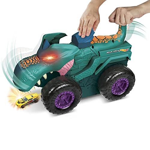 Hot Wheels Monster Trucks Car Chompin' MEGA-Wrex, Large Toy Monster Truck and 1:64 Scale Toy Car, 'Eats' and 'Poops' 1:64 Scale Vehicles