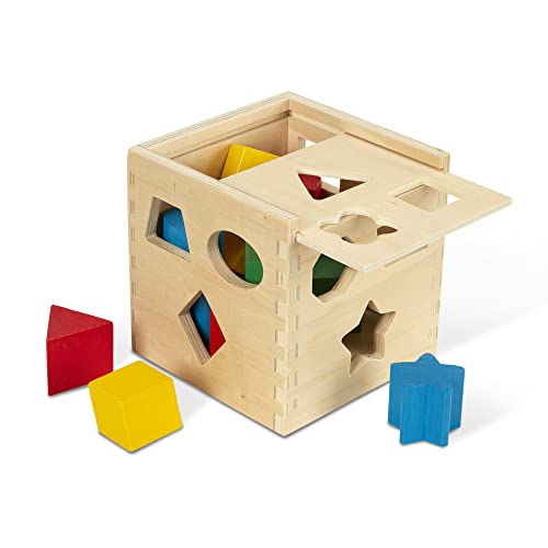 Melissa and Doug Shape Sorting Cube - Classic Wooden Toy With 12 Shapes - Kids Shape Sorter Toys For Toddlers Ages 2+