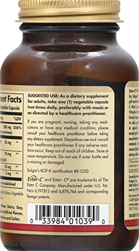Solgar Ester-C Plus 500 mg Vitamin C (Ascorbate Complex) - Gentle and Non Acidic - Antioxidant and Immune Support - 100 Vegetable Capsules (100 Servings)