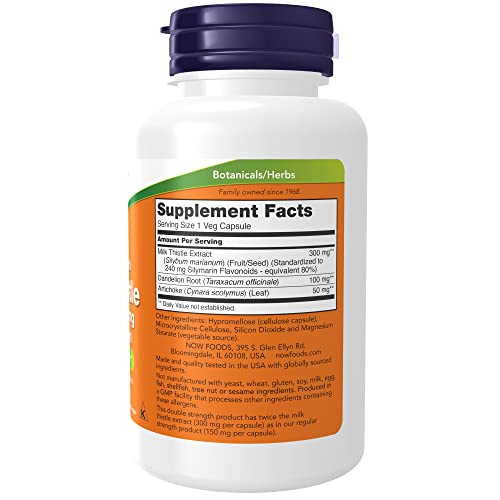 NOW Supplements, Silymarin Milk Thistle Extract 300 mg with Artichoke and Dandelion, Double Strength, Supports Liver Function*, 100 Veg Capsules