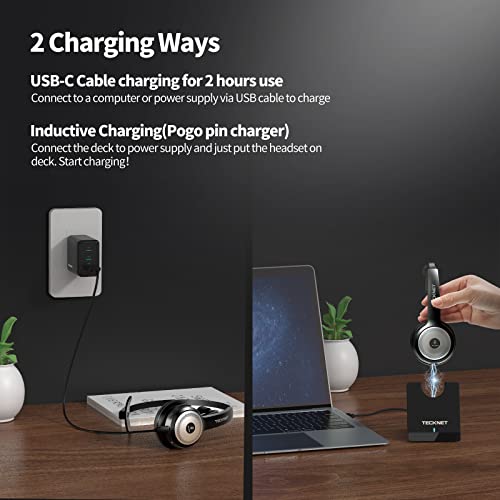 TECKNET Wireless Bluetooth 5.0 Headset with Microphone, AI Noise Cancelling On Ear Headphones with Charging Base for PC, Cell Phone, Computer, Call Center, Work from Home Office Essentials