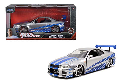 Jada Toys Fast and Furious Brian’s 2002 Nissan Skyline R34 Die-cast Car, 1:24 Scale, Silver and Blue