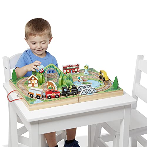 Melissa and Doug 17-Piece Wooden Take-Along Tabletop Railroad, 3 Trains, Truck, Play Pieces, Bridge - Wooden Train Sets For Kids Ages 3+