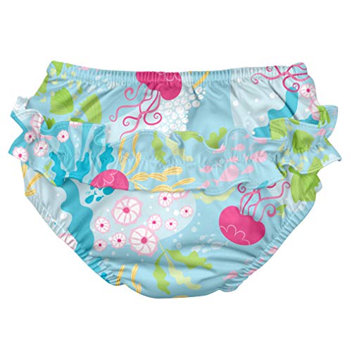 i play. Baby Girls' Ruffle Snap Reusable Absorbent Swim Diaper, Aqua Coral Reef, 12 Months