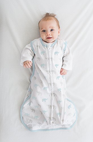 Amazing Baby Cotton Sleeping Sack, Wearable Blanket with 2-way Zipper, Pastel Blue + Gray Tiny Elephants, Large (12-18mo)