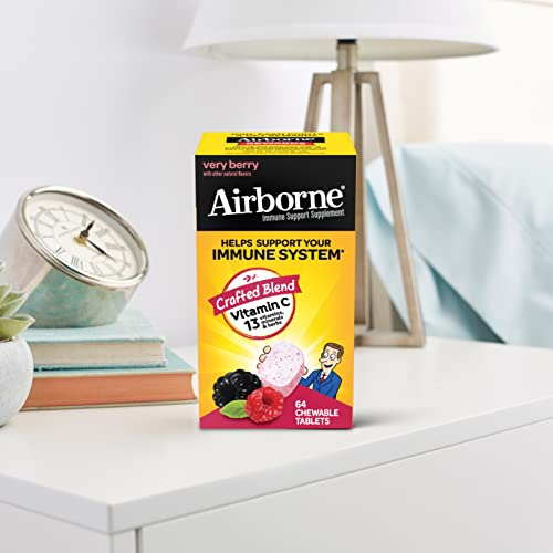 Airborne 1000mg Vitamin C Chewable Tablets with Zinc, Immune Support Supplement with Powerful Antioxidants Vitamins A C and E - 64 Chewable Tablets, Very Berry Flavor