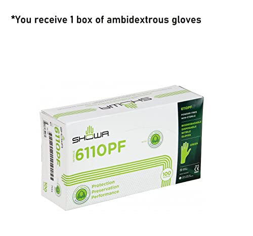 SHOWA 6110PF Biodegradable Disposable Powder Free Nitrile Glove, Large (1 Box of 100 Gloves),Green