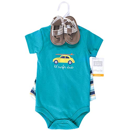 Hudson Baby Unisex Baby Cotton Bodysuit, Shorts and Shoe Set Surfer Dude, 12-18 Months