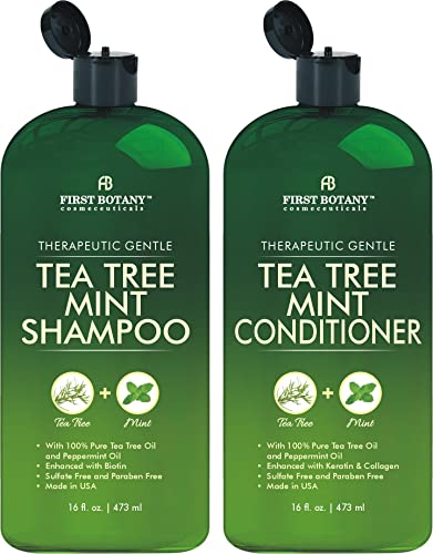 Tea Tree Mint Shampoo and Conditioner - contains Pure Tea Tree Oil and Peppermint Oil - Fights Hair Loss, Promotes Hair Growth, Fights Dandruff, Lice and Itchy Scalp - Men and Women Sulfate Free -16 oz x 2