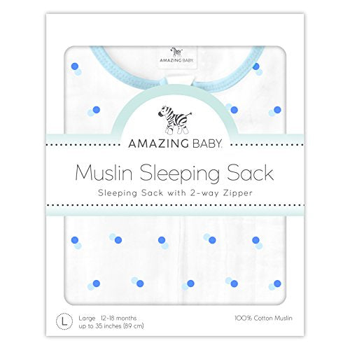 Amazing Baby Cotton Muslin Sleeping Sack, For Baby Boy or Girl, Wearable Blanket with 2-way Zipper, Dots, Blue, Small (0-6 Month)