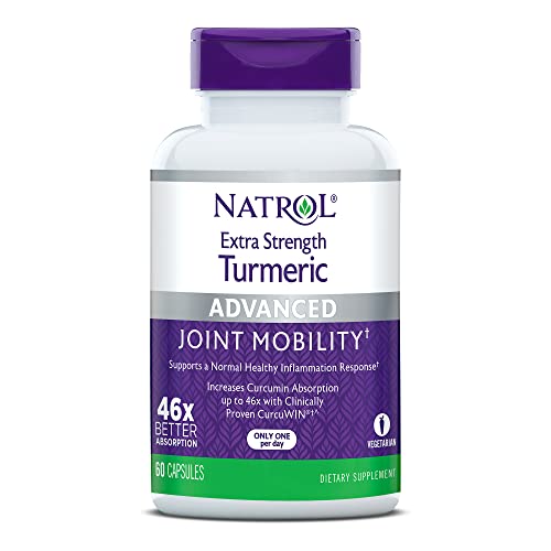 Natrol Extra Strength Turmeric Capsules, Supports Cellular, Inflammatory, Heart, Joint and Brain Health, Clinically Proven CurcuWIN, 46x Better Absorption, 60 Count