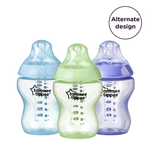 Tommee Tippee Closer to Nature Baby Bottles, Slow Flow Breast-Like Nipple with Anti-Colic Valve, 9oz, 3 Count, Colour My World Pacific - Blue
