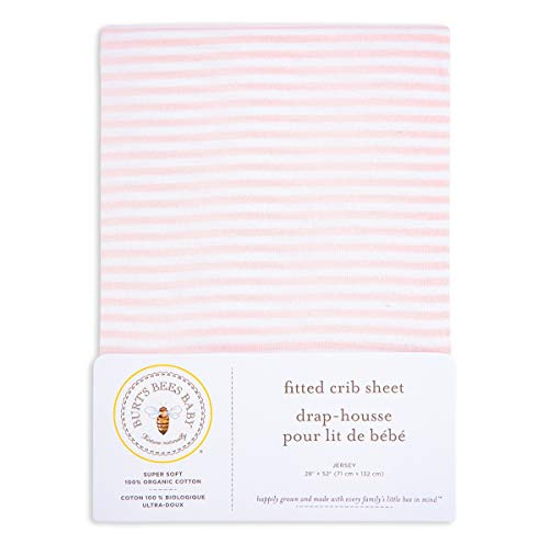 Burt's Bees Baby - Fitted Crib Sheet, Girls and Unisex 100% Organic Cotton Crib Sheet For Standard Crib and Toddler Mattresses (Blossom Pink Thin Stripes), 28x52 Inch (Pack of 1)