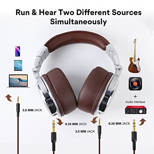 Over Ear Headphone, Wired Premium Stereo Sound Headsets with 50mm Driver, Foldable Comfortable Headphones with Protein Earmuffs and Shareport for Recording Monitoring Podcast PC TV- with Mic (Silver)