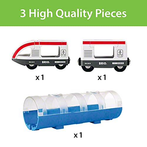 BRIO World 33890 - Travel Train and Tunnel - 3 Piece Wooden Toy Train Set for Kids Age 3 and Up