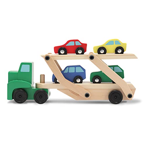 Melissa and Doug Car Carrier Truck and Cars Wooden Toy Set With 1 Truck and 4 Cars - Wooden Cars, Vehicle Toys, Push And Go Wooden Trucks For Toddlers And Kids Ages 3+
