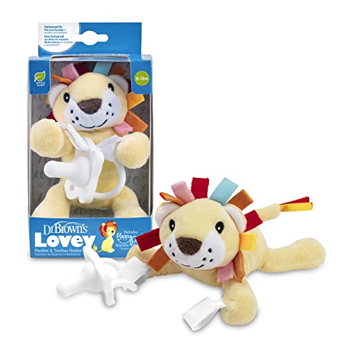 Dr. Brown's Baby Lovey Pacifier Holder and Teether Clip, Lion with White HappyPaci, 100% Silicone, 0-6m