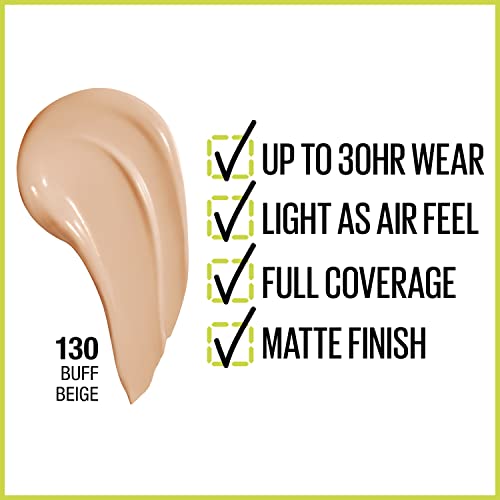 Maybelline Super Stay Full Coverage Liquid Foundation Active Wear Makeup, Up to 30Hr Wear, Transfer, Sweat and Water Resistant, Matte Finish, Buff Beige, 1 Count