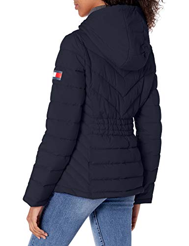 Tommy Hilfiger Women's Puffer Lightweight Hooded Jacket with Drawstring Packing Bag, Navy, Large
