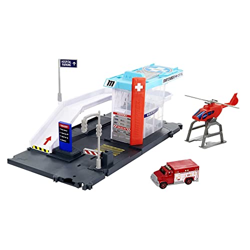 Matchbox Cars Playset, Action Drivers Helicopter Rescue with 1:64 Scale Toy Ambulance and Helicopter, Connects to Other Sets
