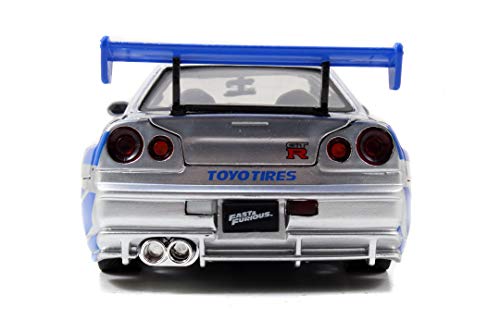 Jada Toys Fast and Furious Brian’s 2002 Nissan Skyline R34 Die-cast Car, 1:24 Scale, Silver and Blue