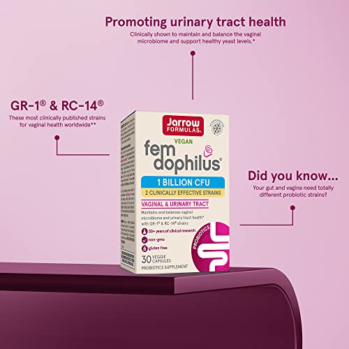 Jarrow Formulas Fem-Dophilus - 1 Billion CFU Per Serving - 2 Clinically Studied Strains - Women’s Probiotic Supplement - Urinary Tract Health and Vaginal Health - Up to 30 Servings (Packaging May Vary)