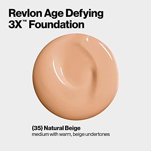 Liquid Foundation by Revlon, Age Defying 3XFace Makeup, Anti-Aging and Firming Formula, SPF 30, Longwear Medium Buildable Coverage with Natural Finish, 035 Natural Beige, 1 Fl Oz