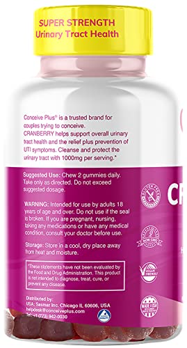 CONCEIVE PLUS Cranberry Gummies - 1000mg Strength Cranberry Gummy Vitamins, Urinary Health, 60 Gummy Count, 30 Day Supply