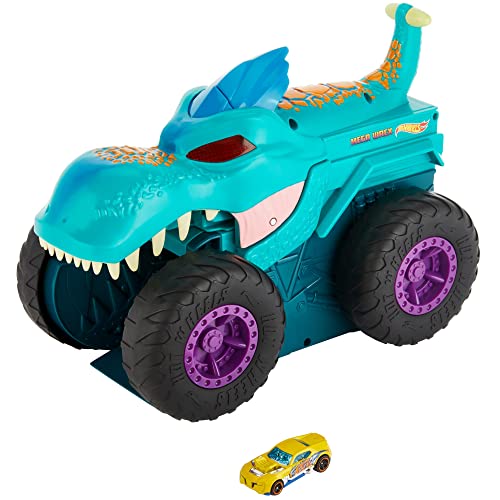 Hot Wheels Monster Trucks Car Chompin' MEGA-Wrex, Large Toy Monster Truck and 1:64 Scale Toy Car, 'Eats' and 'Poops' 1:64 Scale Vehicles