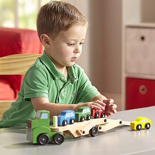Melissa and Doug Car Carrier Truck and Cars Wooden Toy Set With 1 Truck and 4 Cars - Wooden Cars, Vehicle Toys, Push And Go Wooden Trucks For Toddlers And Kids Ages 3+