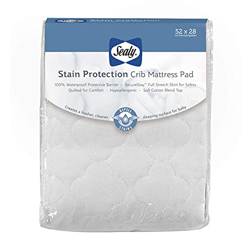 Sealy Stain Protection Waterproof Fitted Toddler Bed and Baby Crib Mattress Pad Cover Protector, Noiseless, Machine Washable and Dryer Friendly 52' x 28' - White