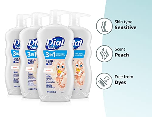 Dial Kids 3-in-1 Body + Hair + Bubble Bath, Peach, 24 fl oz (Pack of 4)