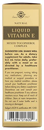Solgar Liquid Vitamin E (with dropper), 2 fl. oz. - Antioxidant, Skin and Immune Support, Overall Health - Natural, Liquid Vitamin E - Non-GMO, Vegan, Gluten Free, Dairy Free, Kosher - 118 Servings