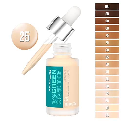 Maybelline Green Edition Superdrop Tinted Oil Base Makeup, Adjustable Natural Coverage Foundation Formulated With Jojoba and Marula Oil, 25, 1 Count