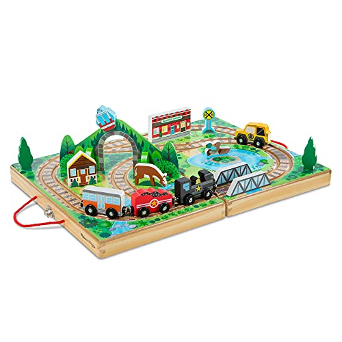 Melissa and Doug 17-Piece Wooden Take-Along Tabletop Railroad, 3 Trains, Truck, Play Pieces, Bridge - Wooden Train Sets For Kids Ages 3+