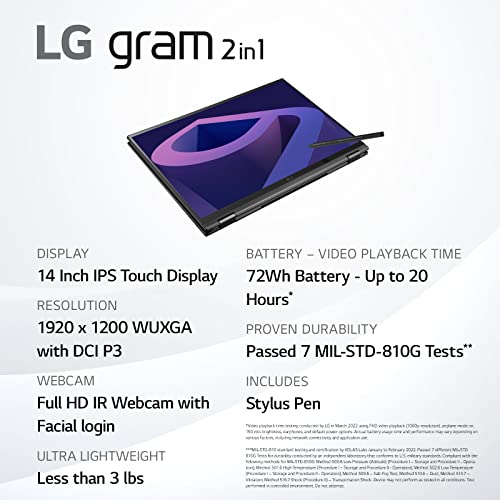 LG gram (2022) 14T90Q 2-in-1 Tablet Laptop, 14' (1920 x 1200) IPS Display, Intel Evo 12th Gen i7 1260P Processor, 16GB LPDDR5, 1TB NVMe SSD, FHD Webcam, WiFi 6E, Thunderbolt 4, Windows 11, Black
