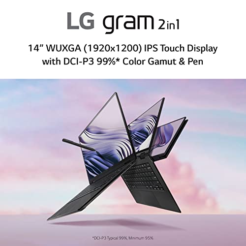 LG gram (2022) 14T90Q 2-in-1 Tablet Laptop, 14' (1920 x 1200) IPS Display, Intel Evo 12th Gen i7 1260P Processor, 16GB LPDDR5, 1TB NVMe SSD, FHD Webcam, WiFi 6E, Thunderbolt 4, Windows 11, Black