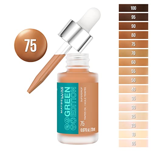 Maybelline Green Edition Superdrop Tinted Oil Base Makeup, Adjustable Natural Coverage Foundation Formulated With Jojoba and Marula Oil, 75, 1 Count