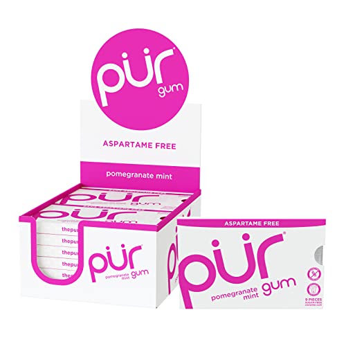 PUR Gum | Sugar Free Chewing Gum | 100% Xylitol | Vegan, Aspartame Free, Gluten Free and Keto Friendly | Natural Pomegranate Mint Flavored Gum, 9 Pieces (Pack of 12)
