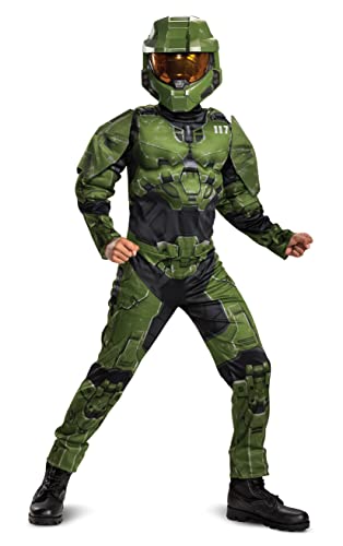Halo Infinite Master Chief Costume, Kids Size Muscle Padded Video Game Inspired Character Jumpsuit, Child Size XL (14-16)