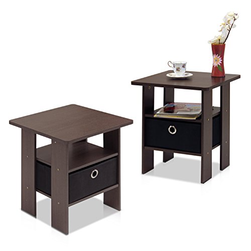 Furinno Andrey End Table / Side Table / Night Stand / Bedside Table with Bin Drawer, Dark Brown/Black