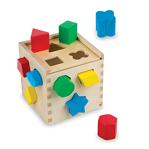 Melissa and Doug Shape Sorting Cube - Classic Wooden Toy With 12 Shapes - Kids Shape Sorter Toys For Toddlers Ages 2+