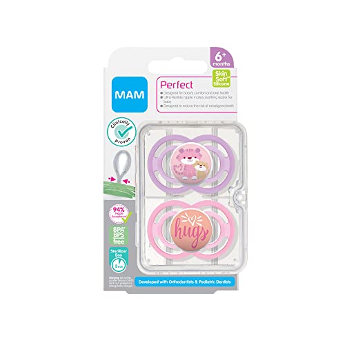 MAM Perfect Pacifiers, Orthodontic Pacifiers (1 Sterilizing Pacifier Case) MAM Pacifiers 6-Plus Months, Best Pacifier for Breastfed Babies, Designs May Vary, 6-16 (Pack of 2)