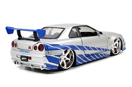 Jada Toys Fast and Furious Brian’s 2002 Nissan Skyline R34 Die-cast Car, 1:24 Scale, Silver and Blue