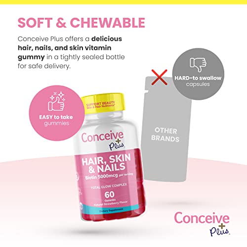 CONCEIVE PLUS Hair Skin and Nails Gummies - Extra-Strength Biotin, VIT A, C, D3, E Vitamins - Vegan, Hair Growth Supplement - Gelatin-Free - 60 Count