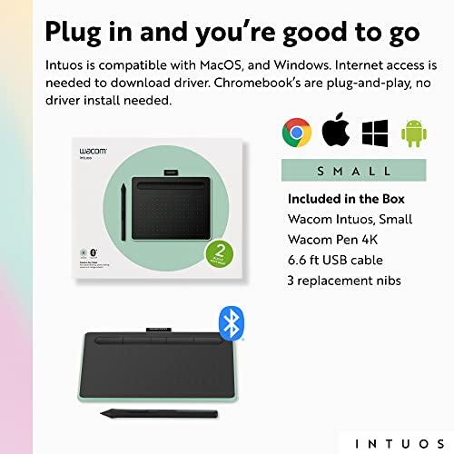 Wacom Intuos Small Bluetooth Graphics Drawing Tablet, Portable for Teachers, Students and Creators, 4 Customizable ExpressKeys, Compatible with Chromebook Mac OS Android and Windows - Pistachio